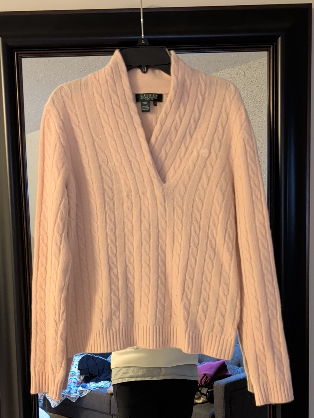 Lauren Ralph Lauren Pale Pink Wool Blend Cable-Knit V-Neck Sweater